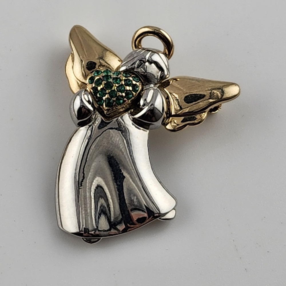 Liz‎ Claiborne Silver And Gold Tone Angel Brooch Green Rhinestone Heart